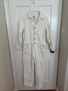 Zara Off-White Cotton Utility Jumpsuit